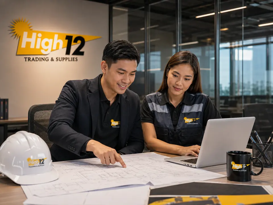 High12 team reviewing drawings and project details in the office