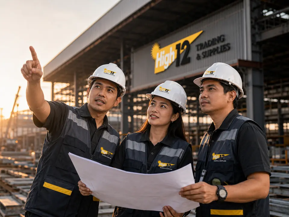 High12 field team reviewing project plans at an industrial construction site