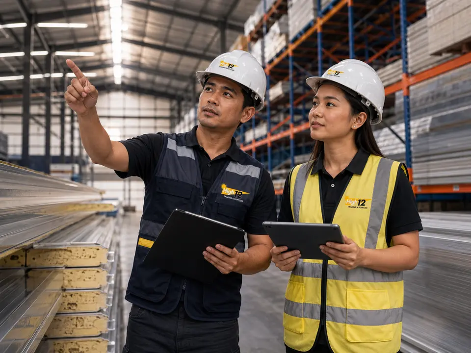 High12 team inspecting panels and warehouse materials